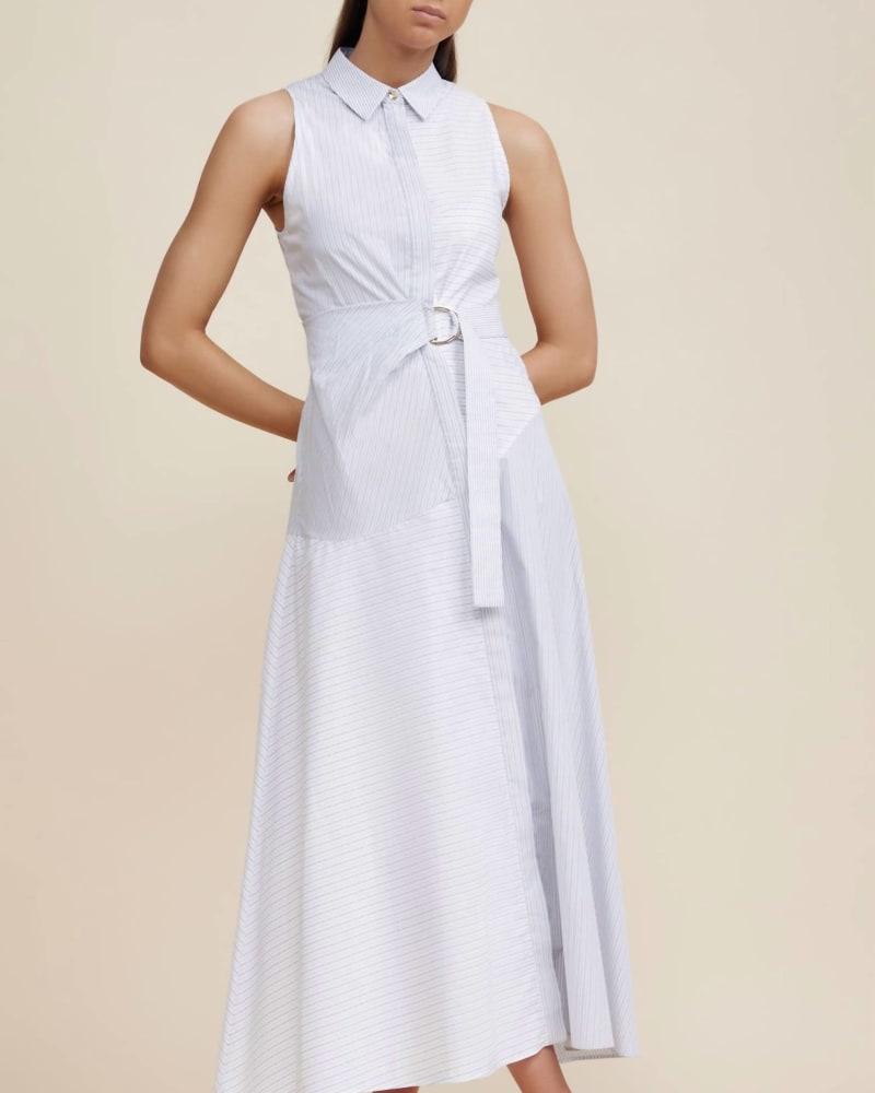 Front of a model wearing a size US10 Edgar Dress In White Stripe in White Stripe by ACLER. | dia_product_style_image_id:344743